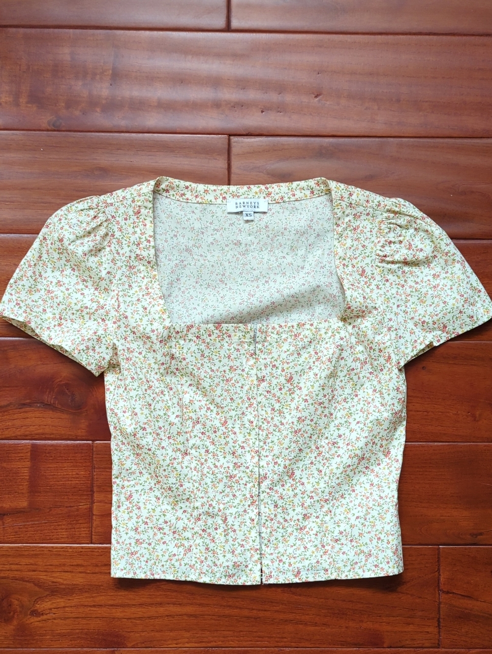 Barneys New York Cream Floral Square Neck Puff Sleeve Blouse Top